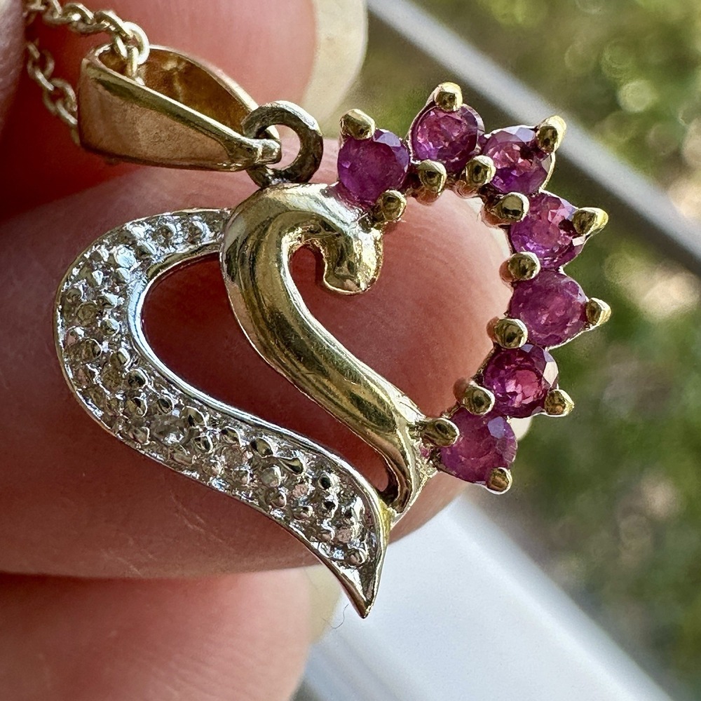 Ross Simons Heart Pendant Necklace 18 Inch Ruby Diamond Italy 925 Sterling 2.9g‎